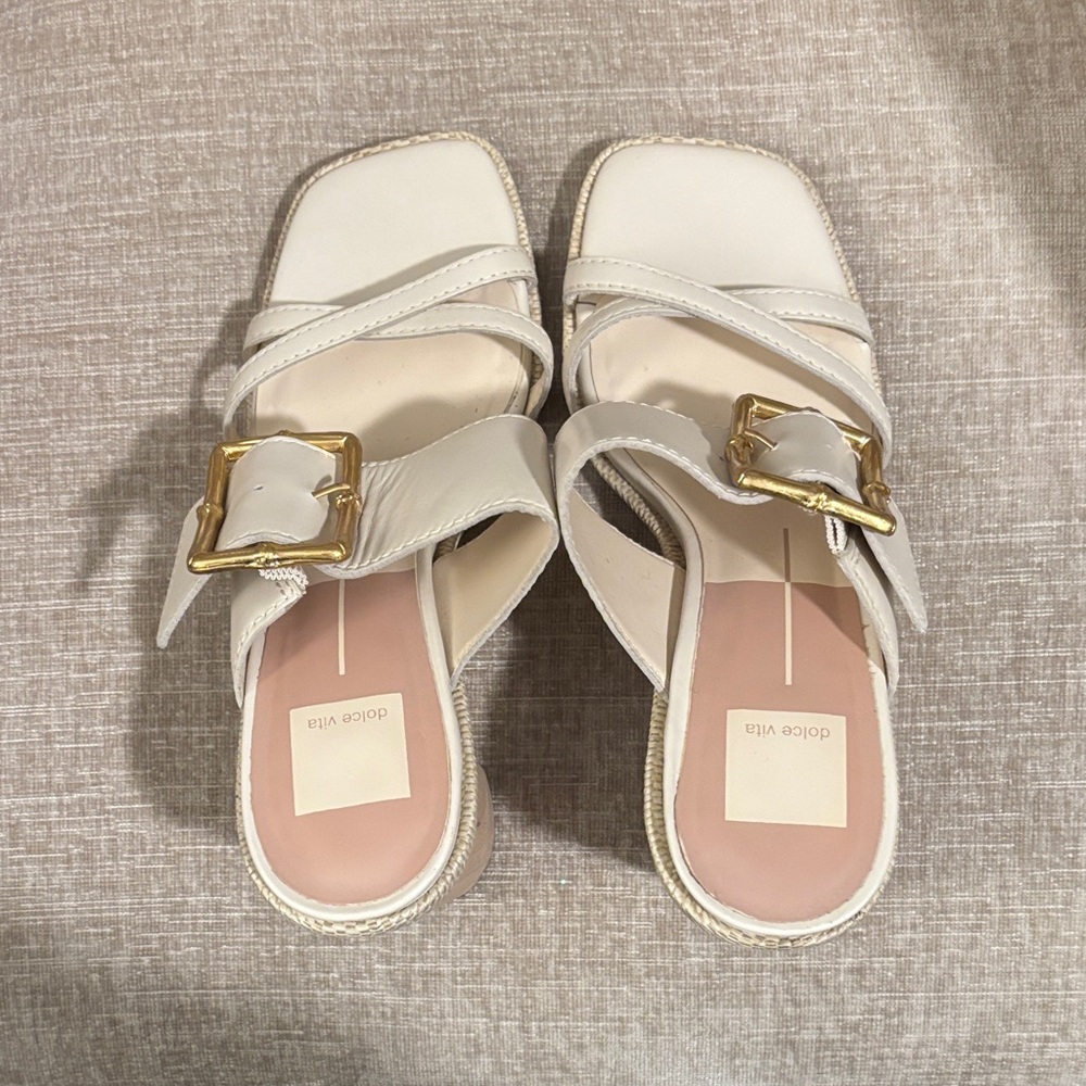 Vince Camuto Cream Block Heel Sandals with Gold Buckle - Picture 2 of 5